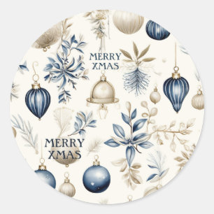 Sticker Rond Bleu et beige Noël Ornements Motif