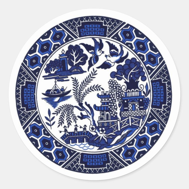 Sticker Rond Bleu et blanc Chine bleu Willow Design (Devant)
