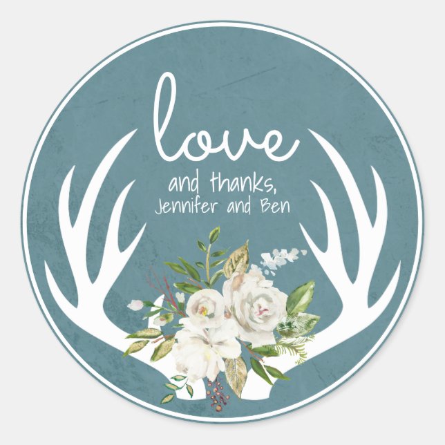 Sticker Rond Bleu et Blanc Floral Boho Bois de Cerf Merci (Devant)