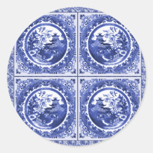 Sticker Rond Bleu et blanc, motif saule