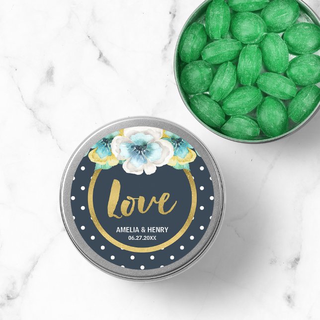 Sticker Rond Bleu et Faux Or, Aquarelle Floral Mariage Love (Créateur téléchargé)