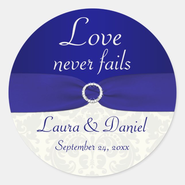 Sticker Rond Bleu et ivoire Damask Mariage rond 1,5 po (Devant)