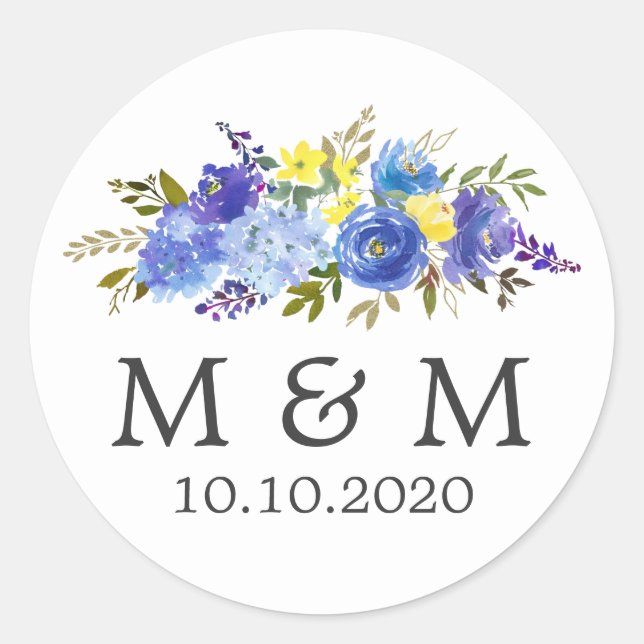 Sticker Rond Bleu et jaune | Monogramme classique Mariage flora (Devant)