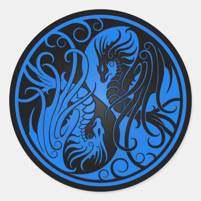 Sticker Rond Bleu et noir Yin Yang Dragons (Devant)