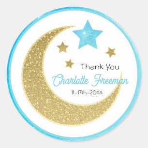 Sticker Rond Bleu et or Lune étoiles Baby shower Merci
