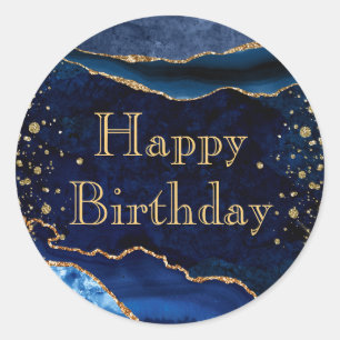 Sticker Rond Bleu et Or Paillettes Marbre Agate Anniversaire