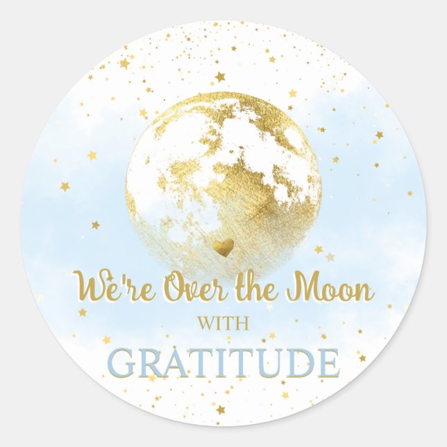 Sticker Rond Bleu et or sur la lune Baby shower Merci (Devant)