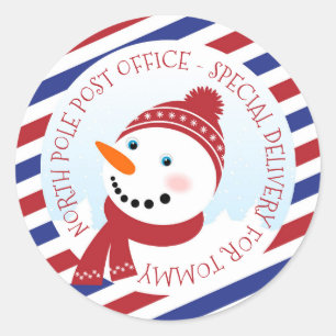 Sticker rond bleu et rouge Snowman