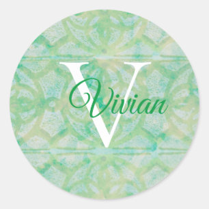 Sticker Rond Bleu Et Vert Avec Nom De Monogramme Blanc