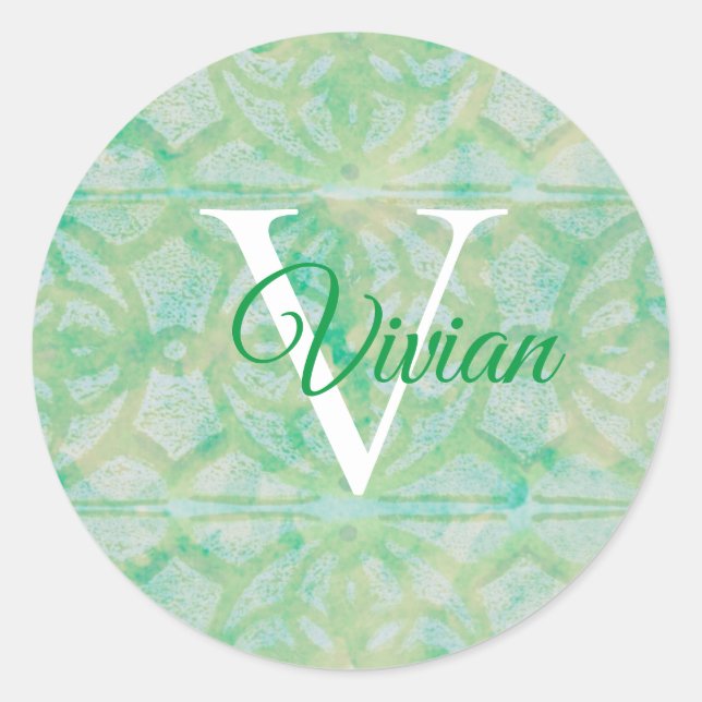 Sticker Rond Bleu Et Vert Avec Nom De Monogramme Blanc (Devant)