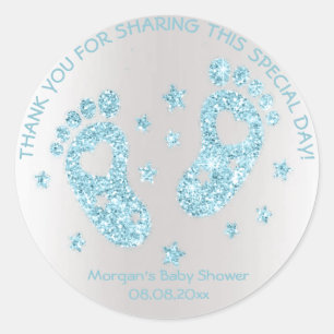 Sticker Rond Bleu Étoiles Pieds Baby shower Favoriser Merci Éti