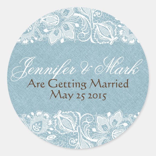 Sticker Rond Bleu Faux Lin Burlap & Blanc Dentelle Florale (Devant)