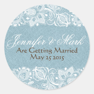 Sticker Rond Bleu Faux Lin Burlap & Blanc Dentelle Florale