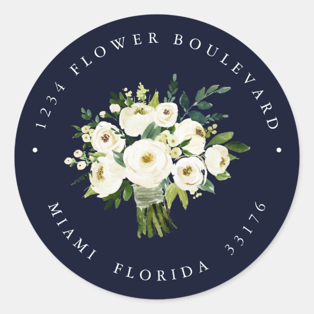 Sticker Rond Bleu Fleur Blanche Bouquet Botanique Adresse de re (Devant)