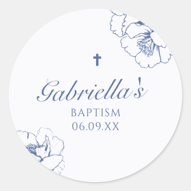 Sticker Rond Bleu Floral Botanique Baptême (Devant)