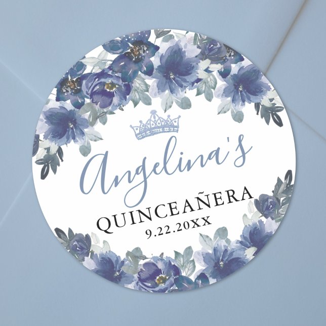 Sticker Rond Bleu Floral Quinceanera (Floral Blue Quinceanera Classic Round Sticker)