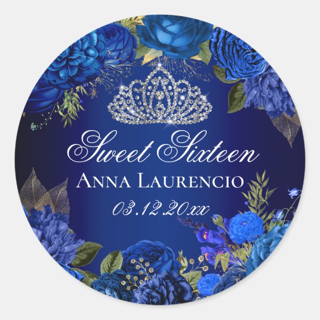 Sticker Rond Bleu Floral Rose Diamond Tiara Sweet 16 (Devant)