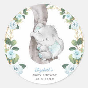 Sticker Rond Bleu Floral Vert Or Bébé Eléphant Douche
