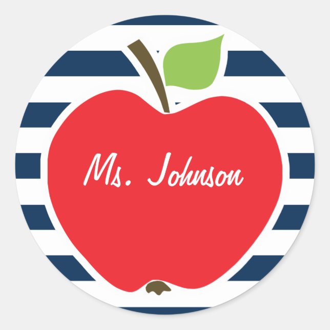 Sticker Rond Bleu foncé de minuit, bandes horizontales; Pomme (Devant)