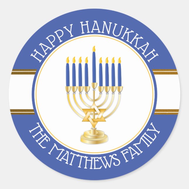 Sticker Rond Bleu | Gold Menorah Happy Hanoukka Classic Round (Devant)