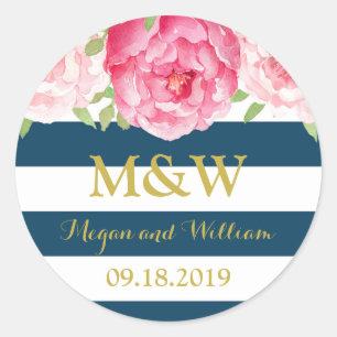 Sticker Rond Bleu Gris Floral Monogramme Mariage Faveur Balise