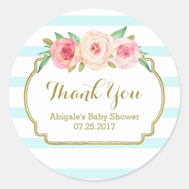 Sticker Rond Bleu Gris rose Baby shower floral Favoriser les ét (Devant)