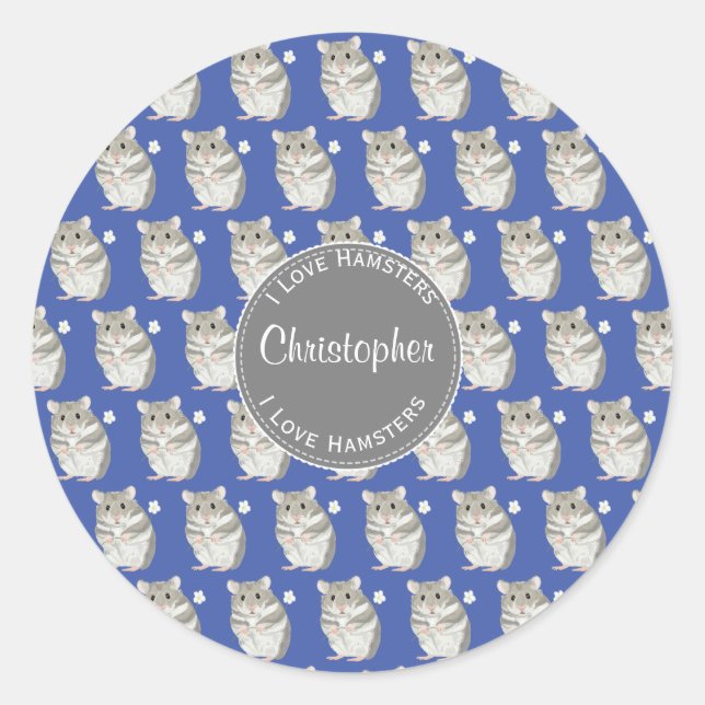 Sticker Rond Bleu J'aime Hamsters Gris Hamster Motif (Devant)