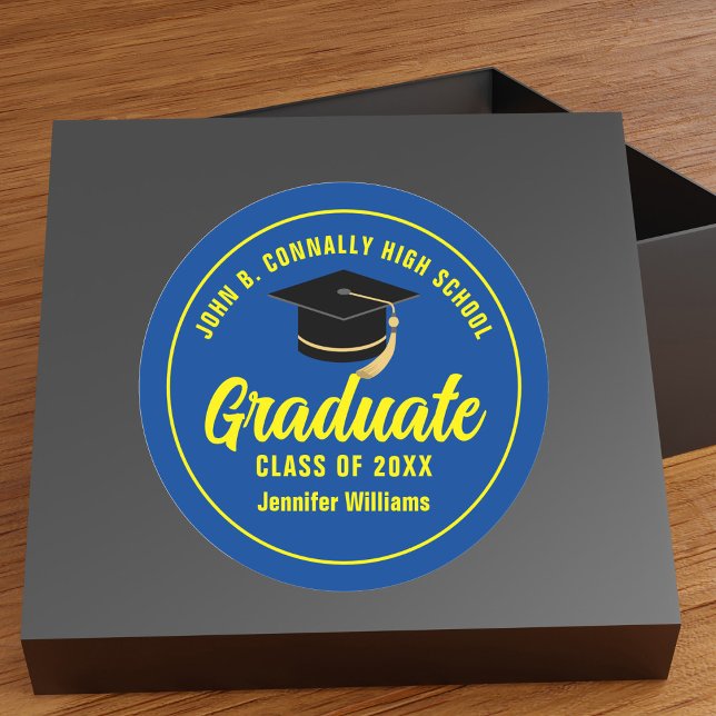 Sticker Rond Bleu Jaune Graduate Custom 2025 Graduation Party (Créateur téléchargé)