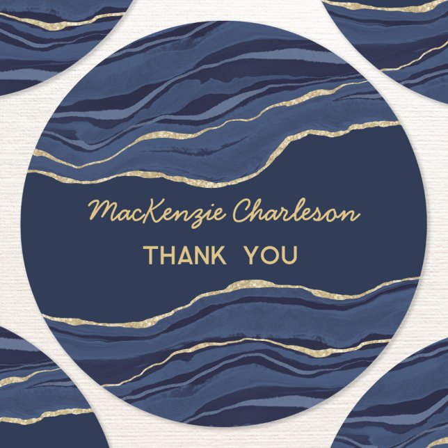 Sticker Rond Bleu Marbre Agate Gold Geode Merci Business (Navy blue gold marble agate geode personalized thank you sticker)