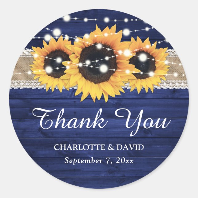 Sticker Rond Bleu marine Bois rustique Broderie Sunflower (Devant)