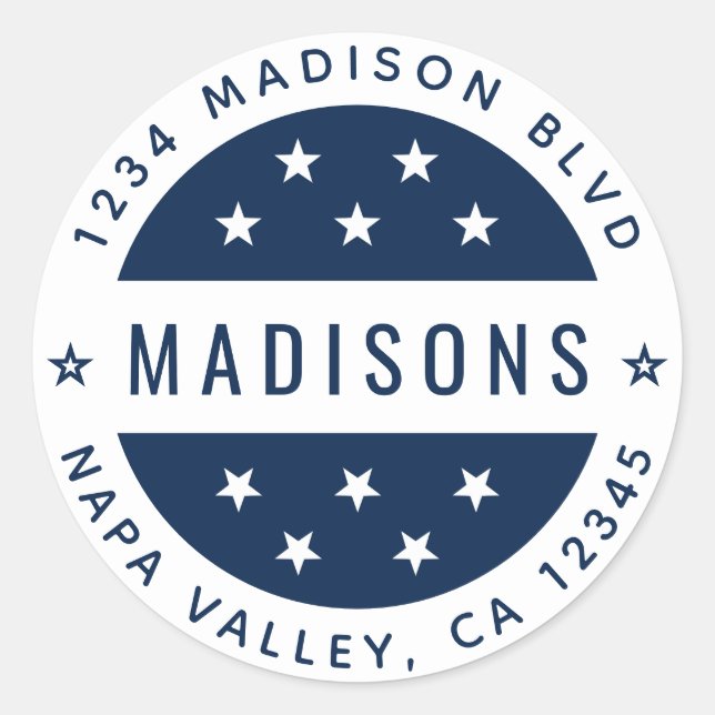 Sticker Rond Bleu marine et blanc Étoiles Adresse de retour per (Devant)