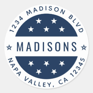 Sticker Rond Bleu marine & Étoiles blanches Adresse de retour p