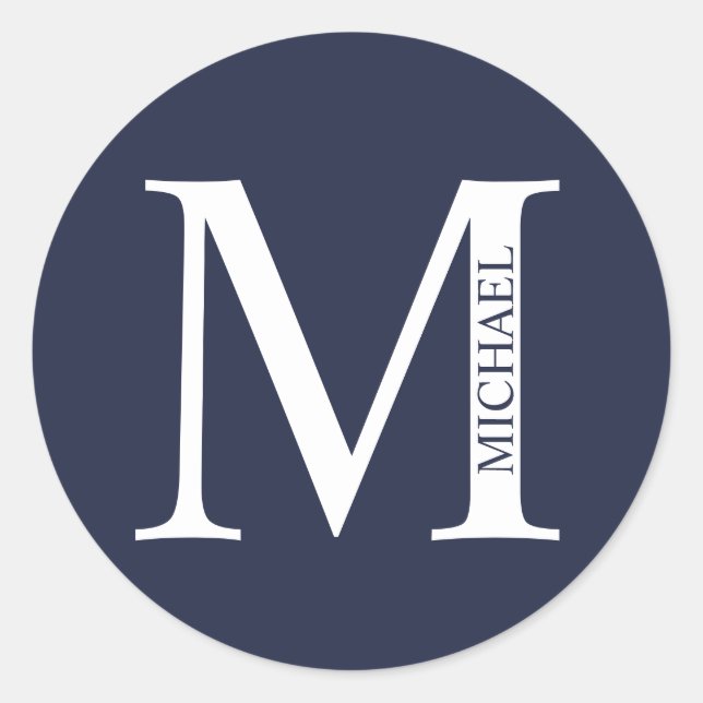 Sticker Rond Bleu marine Monogramme personnalisé et nom (Devant)