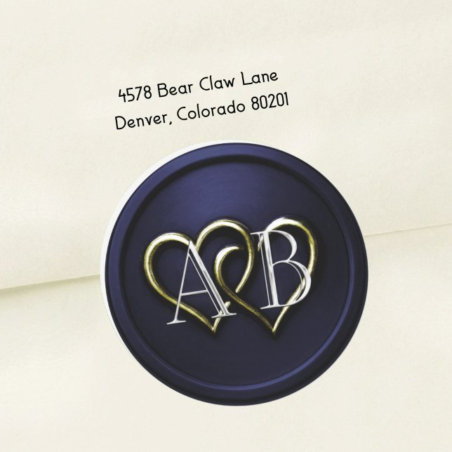 Sticker Rond Bleu Marine Or Deux Cœurs Monogramme Argent (Créateur téléchargé)