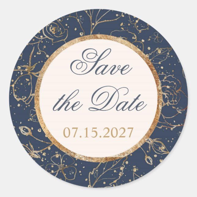 Sticker Rond Bleu marine, or, Save the Date confettis (Devant)