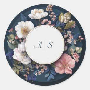 Sticker Rond Bleu marine rose or floral cercle mariage Moody