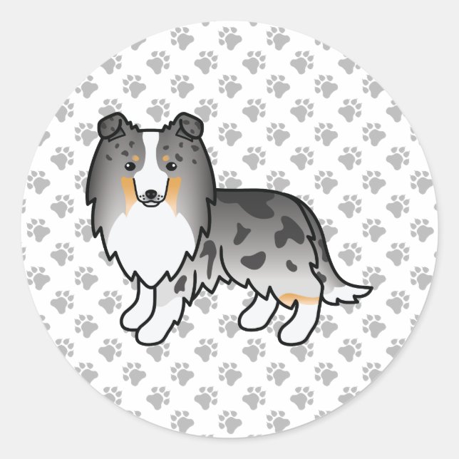 Sticker Rond Bleu Merle Shetland Sheepdog Sheltie Dessin Chien (Devant)