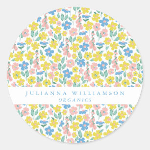 Sticker Rond Bleu mignon et Jaune Ditsy Floral Moderne