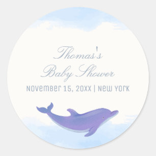 Sticker Rond Bleu minimaliste Boho Ocean Dolphin Baby shower