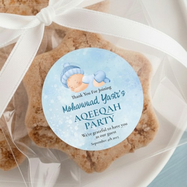 Sticker Rond Bleu Musulman Nouveau-né Garçon Aqeeqah Classic Ro (Créateur téléchargé)