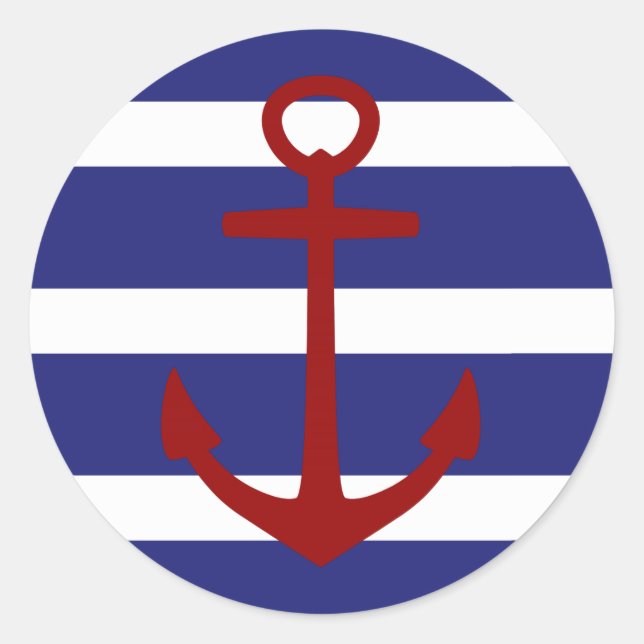 Sticker Rond Bleu nautique et Blancs avec Ancre rouge (Devant)