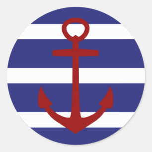 Sticker Rond Bleu nautique et Blancs avec Ancre rouge
