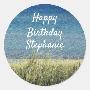 Sticker Rond Bleu nautique Joyeux Anniversaire Plage Paysage mi