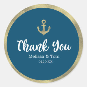 Sticker Rond Bleu Nautique Merci de Mariage à l'Ancre en Feuill