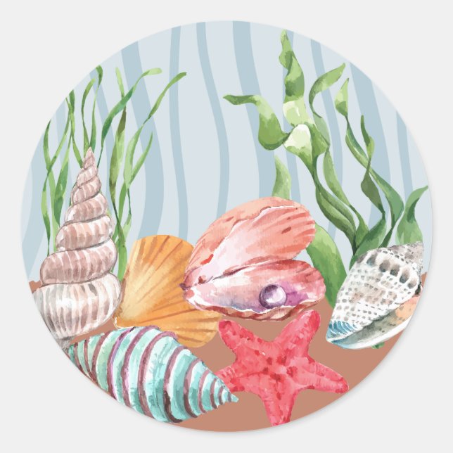 Sticker Rond Bleu Nautique Plage Tropicale Aquarelle Coquillage (Devant)