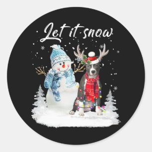 Sticker Rond Bleu Nez Pitbull Père Noël Chien Noël Snowman Noël