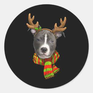 Sticker Rond Bleu Nez Pitbull Reindeer de Noël Animaux Amoureux