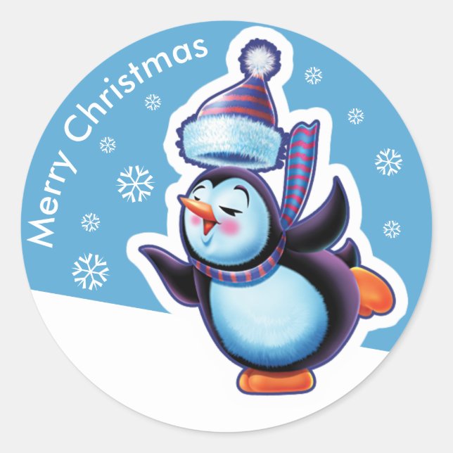 sticker rond bleu Noël Patinage de pingouin. (Devant)