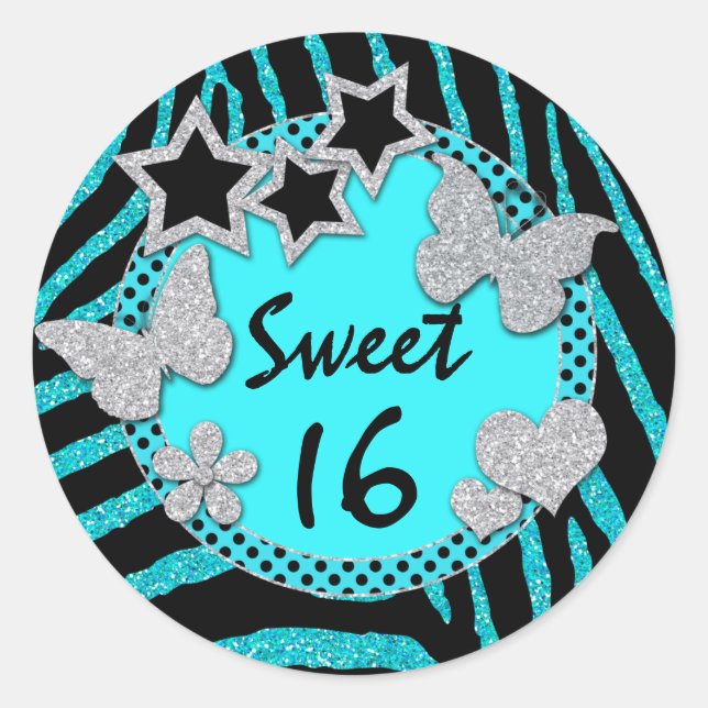 Sticker Rond Bleu Noir Argent FAUX Parties scintillant Sweet 16 (Devant)