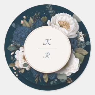 Sticker Rond Bleu Nuit Blanc Or Floral Cercle Mariage